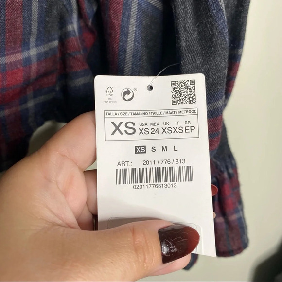 ✨NWT Zara Gray Red Plaid Flannel Long Sleeve Ruffle Trim Blouse Top Size XS - Picture 6 of 11